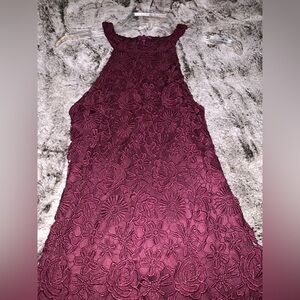 Lulu's Burgundy Love Poem Dress - Floral Lace Halter Mini Dress